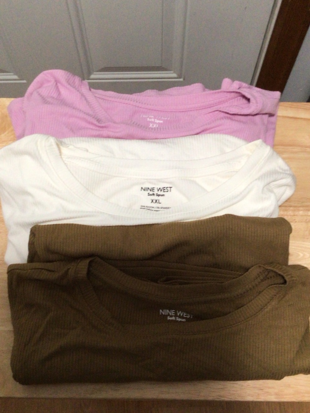 Nine West Three-Pack Ribbed Soft Spun Elbow Sleeve Tee-Pink, White, Olive Brown